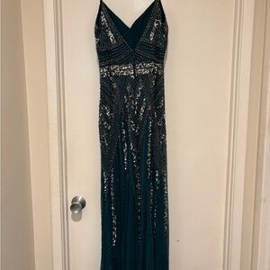 MARINA Teal and Silver Sequin Dress. Sequin Tulle A-Line VNeck Mesh.